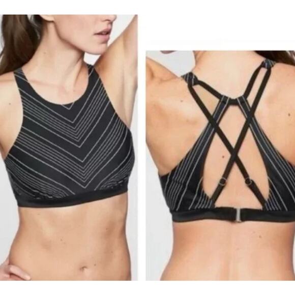 Athleta Black White Chevron Strappy Back Sports Bra Medium - Picture 1 of 7